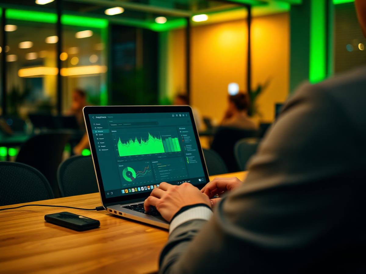 Corretor analisando o painel de leads no notebook